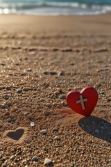 Fototapeta premium Red heart with wooden Christian cross on gravel floor in morning light, beach sea as background. Jesus love you. Faith hope believe in God. Believe in salvation. Christianity background concept., ai