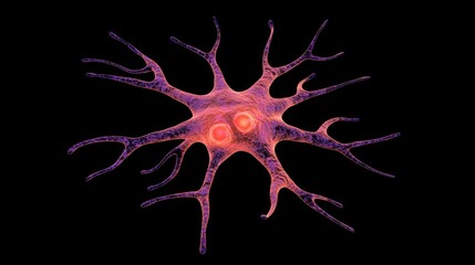 Detailed Close-up of a Neuron Cell with Dendritic Structures Displaying Synaptic Connections and Axonal Projections in a Scientific Illustration Style