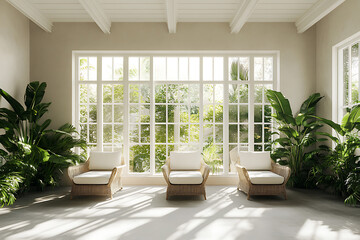 Serene Tropical Room Interior Design: Luxurious Home with Large Window and Plants