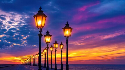 Serene Twilight at Coastal Promenade with Vintage Street Lamps Illuminating the Pathway Along the Vibrant Sunset Sky over the Calm Ocean Waters