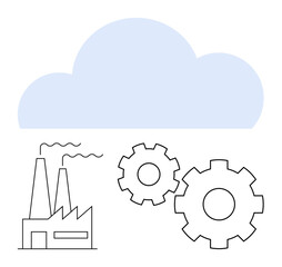 Factory building emitting smoke, two cogwheels, and a large cloud above them. Ideal for cloud computing, manufacturing, industry 4.0, digital transformation, industrial automation smart factories