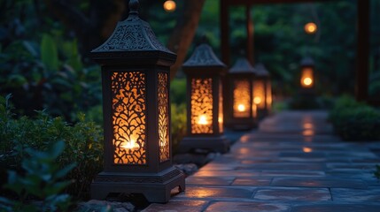 Fototapeta premium Decorative Lanterns in a Serene Garden Pathway Illuminating a Peaceful Evening Atmosphere with Soft Warm Light and Lush Greenery Surrounding the Walkway