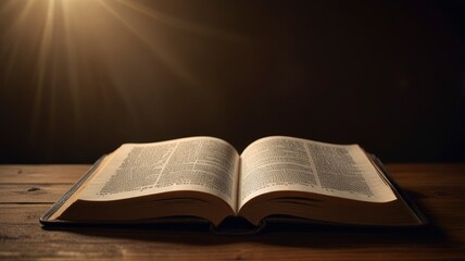 Open Bible on a wood table with light coming from above. ( Church concept. ai