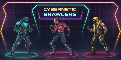 Cybernetic Brawlers A character select screen filled with futuristic martial artists each draped in hightech gear and glowing tattoos. Bright neon colors pop against a dark