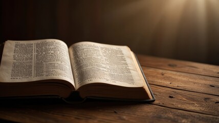 Obraz premium Open Bible on a wood table with light coming from above. ( Church concept. ai