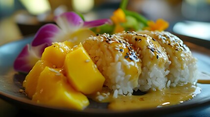 25. Mango sticky rice with coconut milk drizzle and sesame seeds, beautifully plated