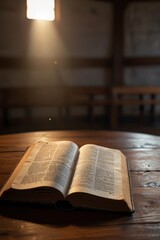 Open Bible on a wood table with light coming from above. ( Church concept. ai