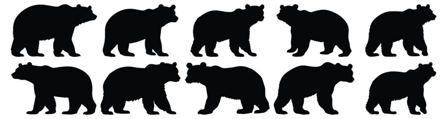 Polar bear silhouettes set, bear pack of vector silhouette design, isolated background.