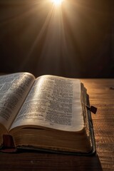 Open Bible on a wood table with light coming from above. ( Church concept. ai