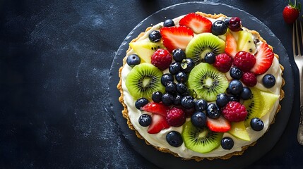 43. Sliced fruit tart with colorful berries, kiwi, and cream filling on a buttery crust