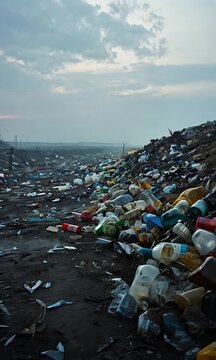 Barren Landscape With Piles of Plastic Trash and Cans