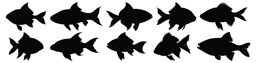 Fish silhouettes set, aquatic pack of vector silhouette design, isolated background
