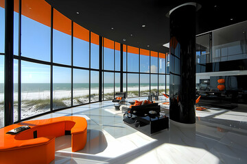 Opulent glass penthouse with ocean views, black and orange accents.