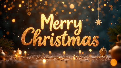 Merry Christmas golden text with bokeh lights. Festive holiday concept.