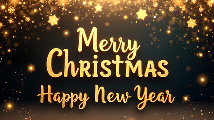 Merry Christmas and Happy New Year greeting card with golden text and stars. Holiday celebration concept.