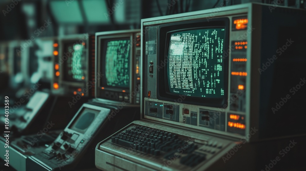 Aufkleber vintage computer setup with green text on crt monitor surrounded by retro technology and illuminated