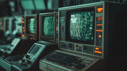 Vintage Computer Setup with Green Text on CRT Monitor Surrounded by Retro Technology and Illuminated Buttons in a Dark Room Atmosphere