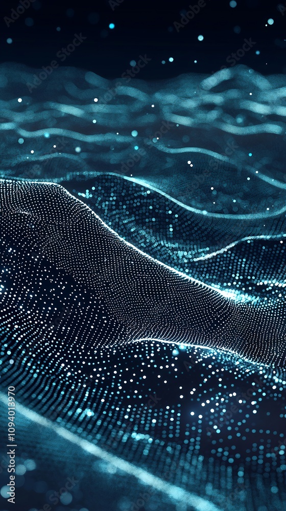 Poster Mesmerizing Particle Landscape of Illuminated Digital Waves and Data Flows  This abstract and futuristic image showcases a dynamic network of glowing particles representing the flow of data energy