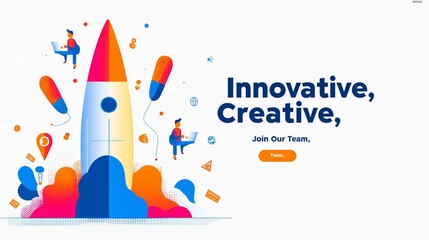 startup hiring concept. A vibrant illustration of a rocket symbolizing innovation and creativity, ideal for team recruitment and motivation.