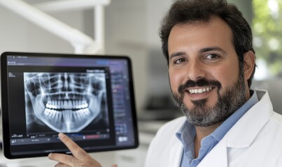 Dental innovation: dentist utilizing digital tools for internet consultations, bookings, integrating technology in dental treatments with 3D modeling, x-ray imaging, enhancing patient experience care.