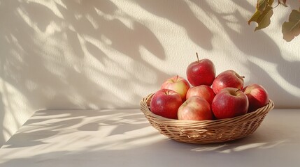 Fresh red apples in a woven basket kitchen table food photography natural light close-up view healthy living concept