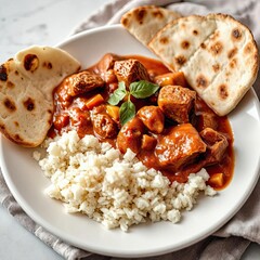 Lamb Rogan Josh with Naan isolated on a white  background for web, print or creative projects