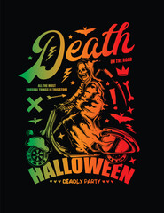 Death on a Scooter. Halloween Poster. Original vector illustration in vintage style. T-shirt design.