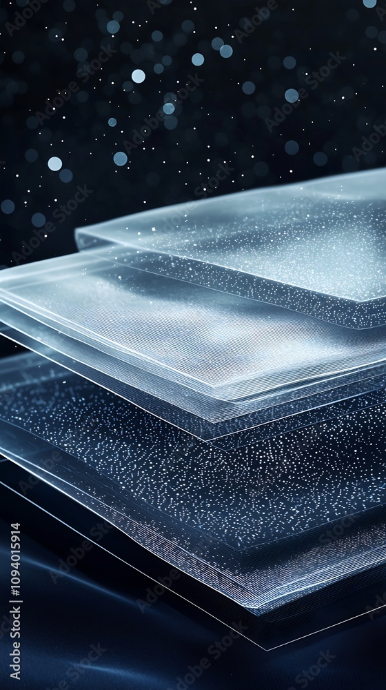 Poster transparent glass plates stacked in a minimalist studio setting with dramatic lighting and reflectio