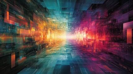 Obraz premium A vibrant digital landscape depicting a futuristic, abstract space filled with color and light.