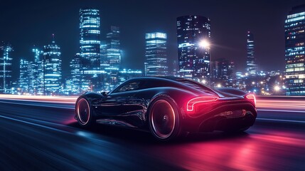 A sleek car speeds along a city road at night, leaving dynamic light trails against a backdrop of...