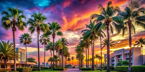 Obraz premium Stunning Architectural Photography of a Tropical Landscape with Lush Palm Trees Framing the Horizon, Showcasing Nature's Beauty and Modern Design in a Coastal Paradise Setting