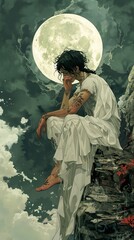 Fototapeta premium Melancholy Figure Under a Full Moon: A Painting of Loneliness and Contemplation