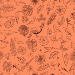 seamless pattern with drawing flowers, birds and leaves, floral graphic design elements , hand drawn illustration