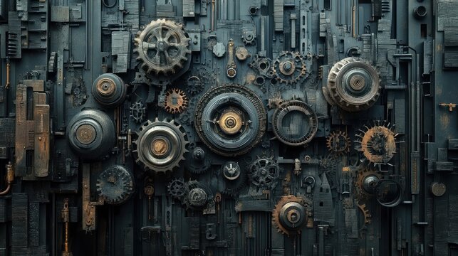 A mechanical wall featuring intricate gears and machinery components.