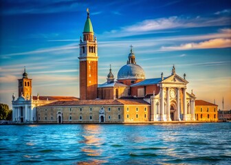 Fototapeta premium Stunning Architectural View of San Giorgio Maggiore Island in Venice, Showcasing its Majestic Facade and Serene Surroundings Under a Clear Blue Sky