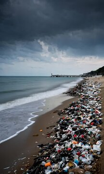 Plastic And Waste Scattered On Beach Shore