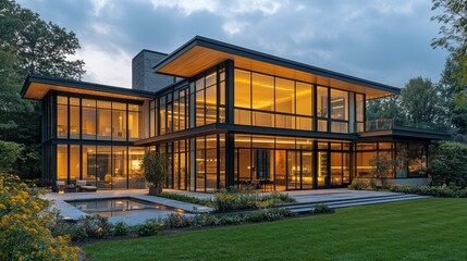 Obraz premium Modern glass house illuminated at dusk with landscaped garden and pool.