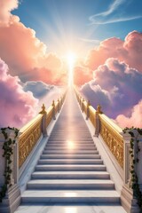 Obraz premium A majestic stairway, crafted from gleaming white marble, ascends to the heavens, its delicate banisters vanishing into the vibrant hues of dawn as the sun rises over the horizon. The stairs are , ai
