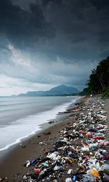 Plastic Debris On Coastal Sandy Beach
