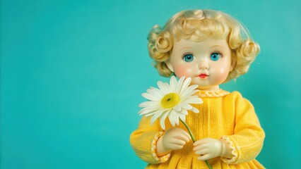 Fototapeta premium Vintage Blonde Doll Holding a Daisy in Front of a Turquoise Background
