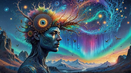 Rostro humano donde se aprecia un cerebro con firmas arbóreas, representa la integración de la naturaleza y la vida humana. 