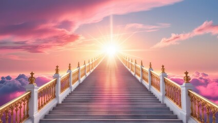 Fototapeta premium A majestic stairway, crafted from gleaming white marble, ascends to the heavens, its delicate banisters vanishing into the vibrant hues of dawn as the sun rises over the horizon. The stairs are , ai