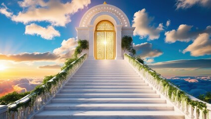 A majestic stairway, crafted from gleaming white marble, ascends to the heavens, its delicate banisters vanishing into the vibrant hues of dawn as the sun rises over the horizon. The stairs are , ai