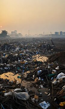 Polluted Barren Field Under Hazy Sky