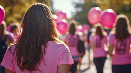 Women in Pink Shirts Participating in Breast Cancer Awareness Walk