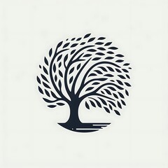 Stylized illustration of a tree in the wind, enclosed in a circle.
