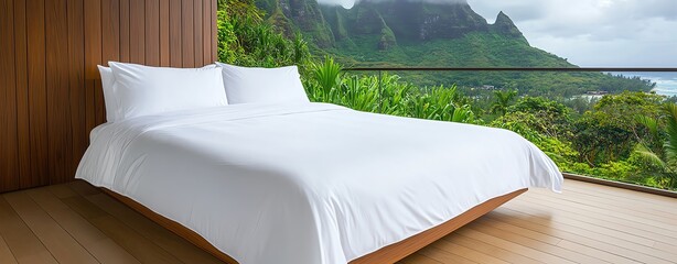 Hotel rooms concept. Serene bedroom setting with mountain views and natural light.