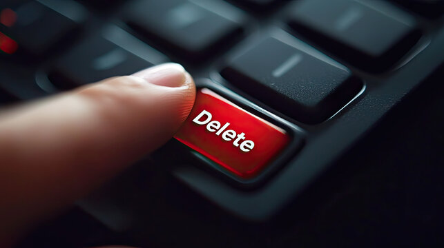 finger hovering over delete button on keyboard, symbolizing action