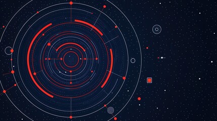 geometric abstract. A visual representation of abstract concentric circles with red accents against a dark background, evoking themes of technology and space.