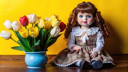 Fototapeta premium A Vintage Doll with a Bouquet of Tulips